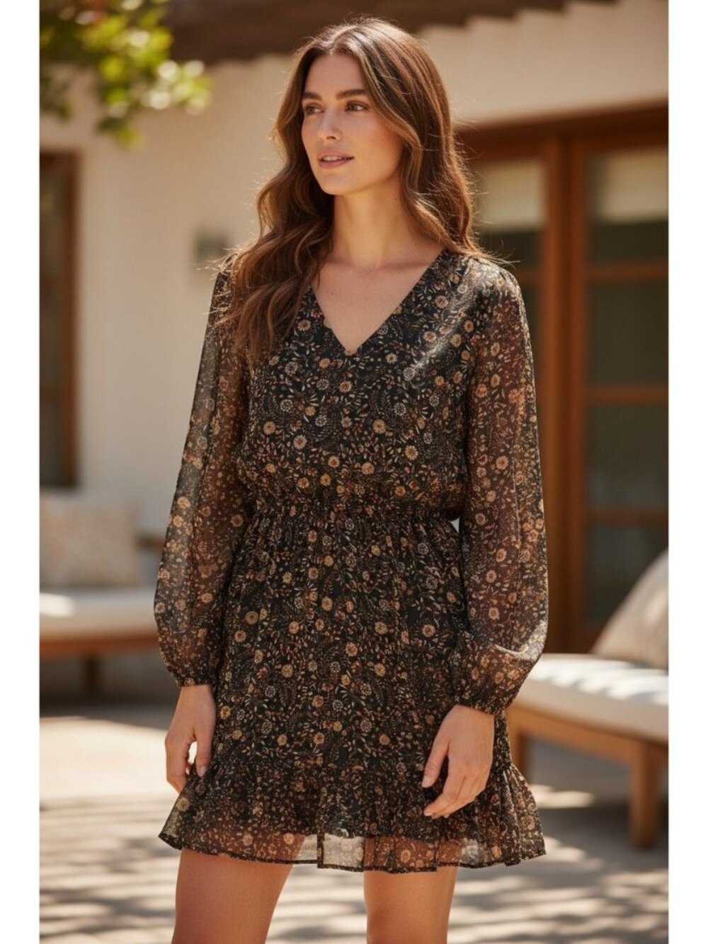 Evereve Olivia Floral Print‎ Chiffon Blouson Mini Dress Long Sleeves Size M
